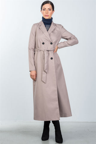 Ladies fashion taupe double breasted belted long line coat