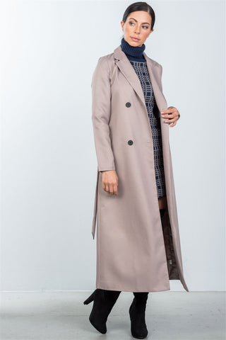 Ladies fashion taupe double breasted belted long line coat