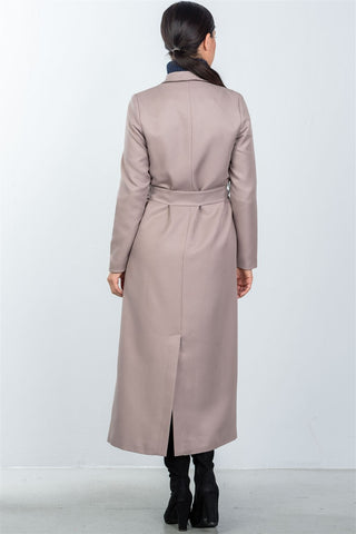 Ladies fashion taupe double breasted belted long line coat