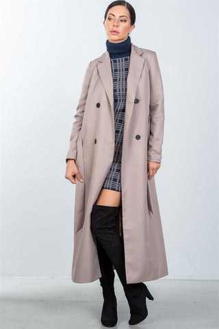 Ladies fashion taupe double breasted belted long line coat