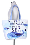 let`s run away to the sea whale tote bag