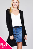 Ladies fashion plus size long sleeve open front side slit tunic length brushed waffle cardigan