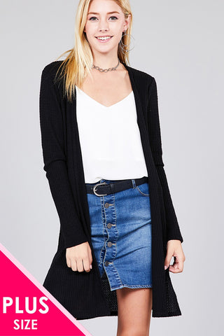 Ladies fashion plus size long sleeve open front side slit tunic length brushed waffle cardigan