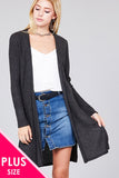 Ladies fashion plus size long sleeve open front side slit tunic length brushed waffle cardigan