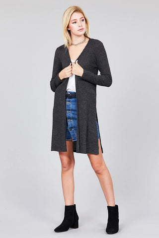 Ladies fashion plus size long sleeve open front side slit tunic length brushed waffle cardigan