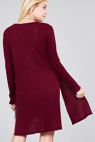 Ladies fashion plus size long sleeve open front side slit tunic length brushed waffle cardigan