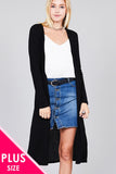 Ladies fashion plus size long sleeve open front side slit midi length brushed waffle cardigan