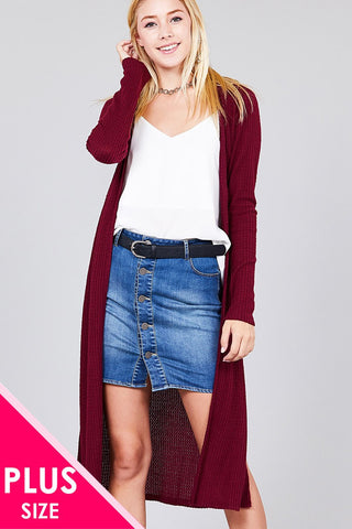 Ladies fashion plus size long sleeve open front side slit midi length brushed waffle cardigan