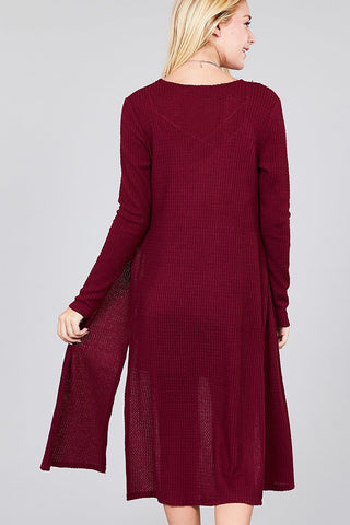 Ladies fashion plus size long sleeve open front side slit midi length brushed waffle cardigan