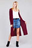 Ladies fashion plus size long sleeve open front side slit midi length brushed waffle cardigan