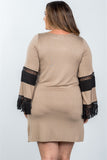 Ladies fashion plus size boho mocha black contrast crochet mini dress