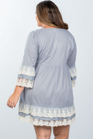 Ladies fashion plus size grey boho lace crochet trim dress