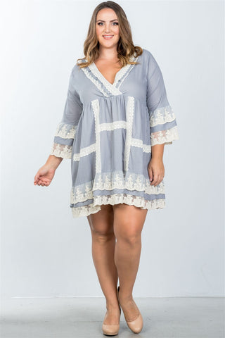 Ladies fashion plus size grey boho lace crochet trim dress