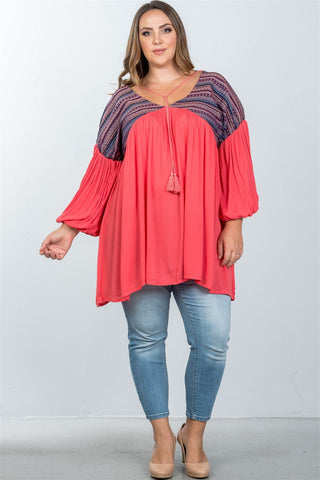 Ladies fashion plus size boho orange tassel tie tribal print top