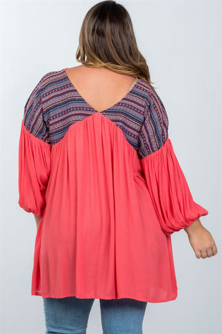 Ladies fashion plus size boho orange tassel tie tribal print top