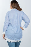 Ladies fashion plus size boho stripe crochet-hem button-up shirt