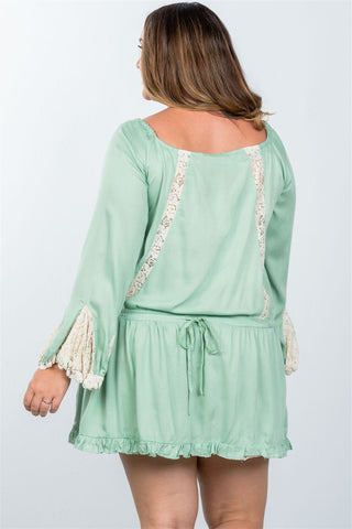 Ladies fashion plus size boho lace trim puff cuff dress