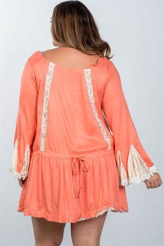 Ladies fashion plus size boho lace trim puff cuff dress