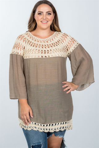 Ladies fashion plus size mocha crochet neckline and hem top