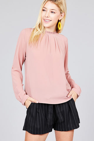 Ladies fashion 3/4 roll up sleeve crew neck w/ruffle woven top