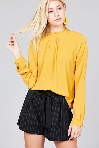 Ladies fashion 3/4 roll up sleeve crew neck w/ruffle woven top