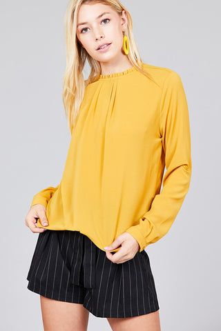 Ladies fashion 3/4 roll up sleeve crew neck w/ruffle woven top