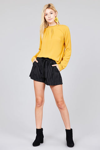 Ladies fashion 3/4 roll up sleeve crew neck w/ruffle woven top