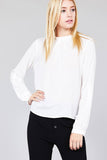 Ladies fashion 3/4 roll up sleeve crew neck w/ruffle woven top