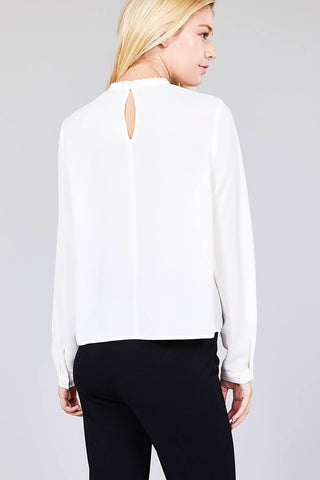 Ladies fashion 3/4 roll up sleeve crew neck w/ruffle woven top