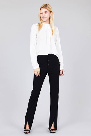 Ladies fashion 3/4 roll up sleeve crew neck w/ruffle woven top