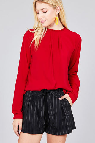 Ladies fashion 3/4 roll up sleeve crew neck w/ruffle woven top