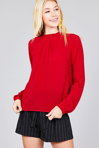 Ladies fashion 3/4 roll up sleeve crew neck w/ruffle woven top