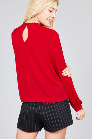 Ladies fashion 3/4 roll up sleeve crew neck w/ruffle woven top