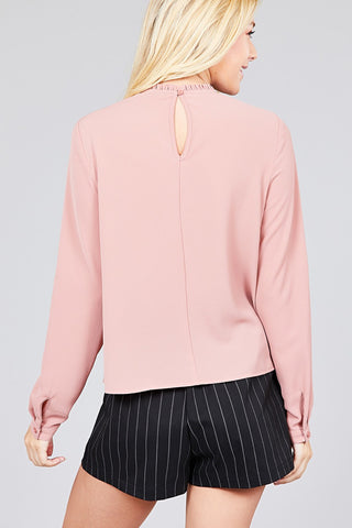 Ladies fashion 3/4 roll up sleeve crew neck w/ruffle woven top