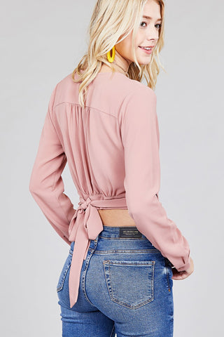 Ladies fashion long sleeve surplice wrap side bow tie closure woven top