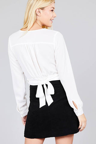 Ladies fashion long sleeve surplice wrap side bow tie closure woven top