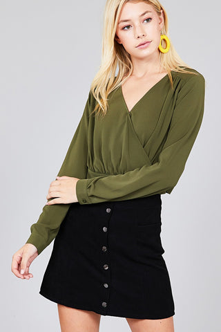 Ladies fashion long sleeve surplice wrap side bow tie closure woven top