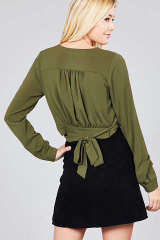 Ladies fashion long sleeve surplice wrap side bow tie closure woven top