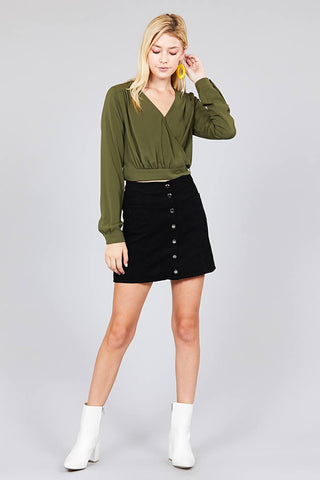 Ladies fashion long sleeve surplice wrap side bow tie closure woven top