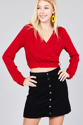 Ladies fashion long sleeve surplice wrap side bow tie closure woven top