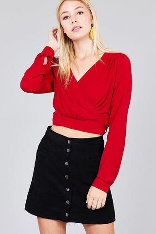 Ladies fashion long sleeve surplice wrap side bow tie closure woven top