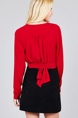 Ladies fashion long sleeve surplice wrap side bow tie closure woven top