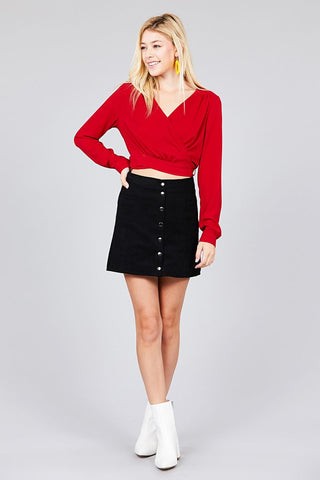 Ladies fashion long sleeve surplice wrap side bow tie closure woven top