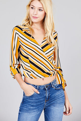 Ladies fashion 3/4 roll up sleeve surplice wrap w/side bow tie multi striped woven top