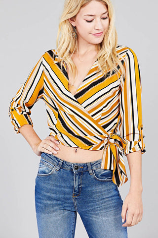 Ladies fashion 3/4 roll up sleeve surplice wrap w/side bow tie multi striped woven top