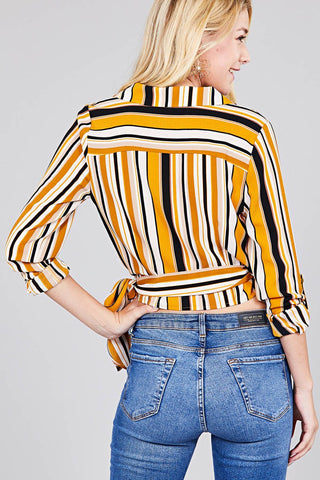 Ladies fashion 3/4 roll up sleeve surplice wrap w/side bow tie multi striped woven top