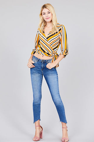 Ladies fashion 3/4 roll up sleeve surplice wrap w/side bow tie multi striped woven top