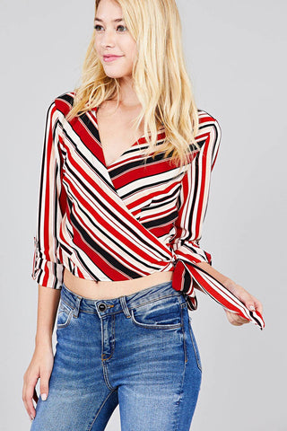 Ladies fashion 3/4 roll up sleeve surplice wrap w/side bow tie multi striped woven top