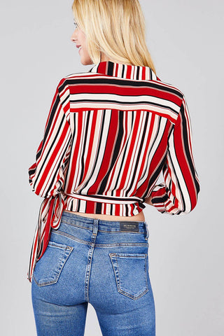 Ladies fashion 3/4 roll up sleeve surplice wrap w/side bow tie multi striped woven top