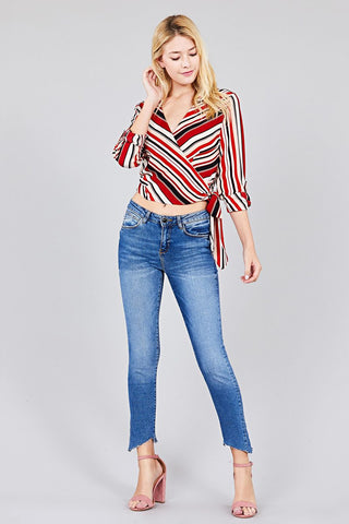 Ladies fashion 3/4 roll up sleeve surplice wrap w/side bow tie multi striped woven top